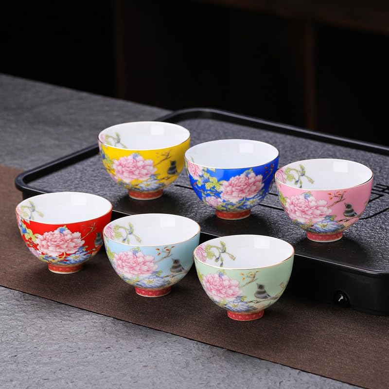 ZPGXLRZ 6Pcs Chinese Ceramic Tea Cup Set, Japanese Tea Cups with 6 Elegant Flower and Bird Pattern Colors, Gift Box Packaging - Image 2