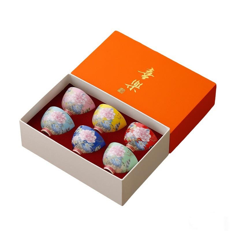 ZPGXLRZ 6Pcs Chinese Ceramic Tea Cup Set, Japanese Tea Cups with 6 Elegant Flower and Bird Pattern Colors, Gift Box Packaging - Image 1