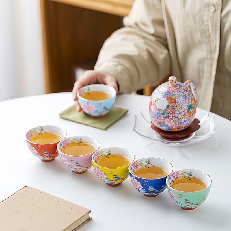 ZPGXLRZ 6Pcs Chinese Ceramic Tea Cup Set, Japanese Tea Cups with 6 Elegant Flower and Bird Pattern Colors, Gift Box Packaging - Image 5