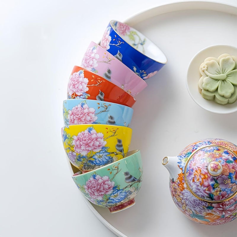 ZPGXLRZ 6Pcs Chinese Ceramic Tea Cup Set, Japanese Tea Cups with 6 Elegant Flower and Bird Pattern Colors, Gift Box Packaging - Image 4