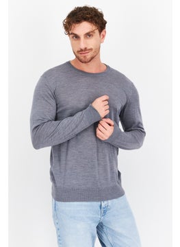 Men Round Neck Plain Long Sleeve  Sweaters, Grey