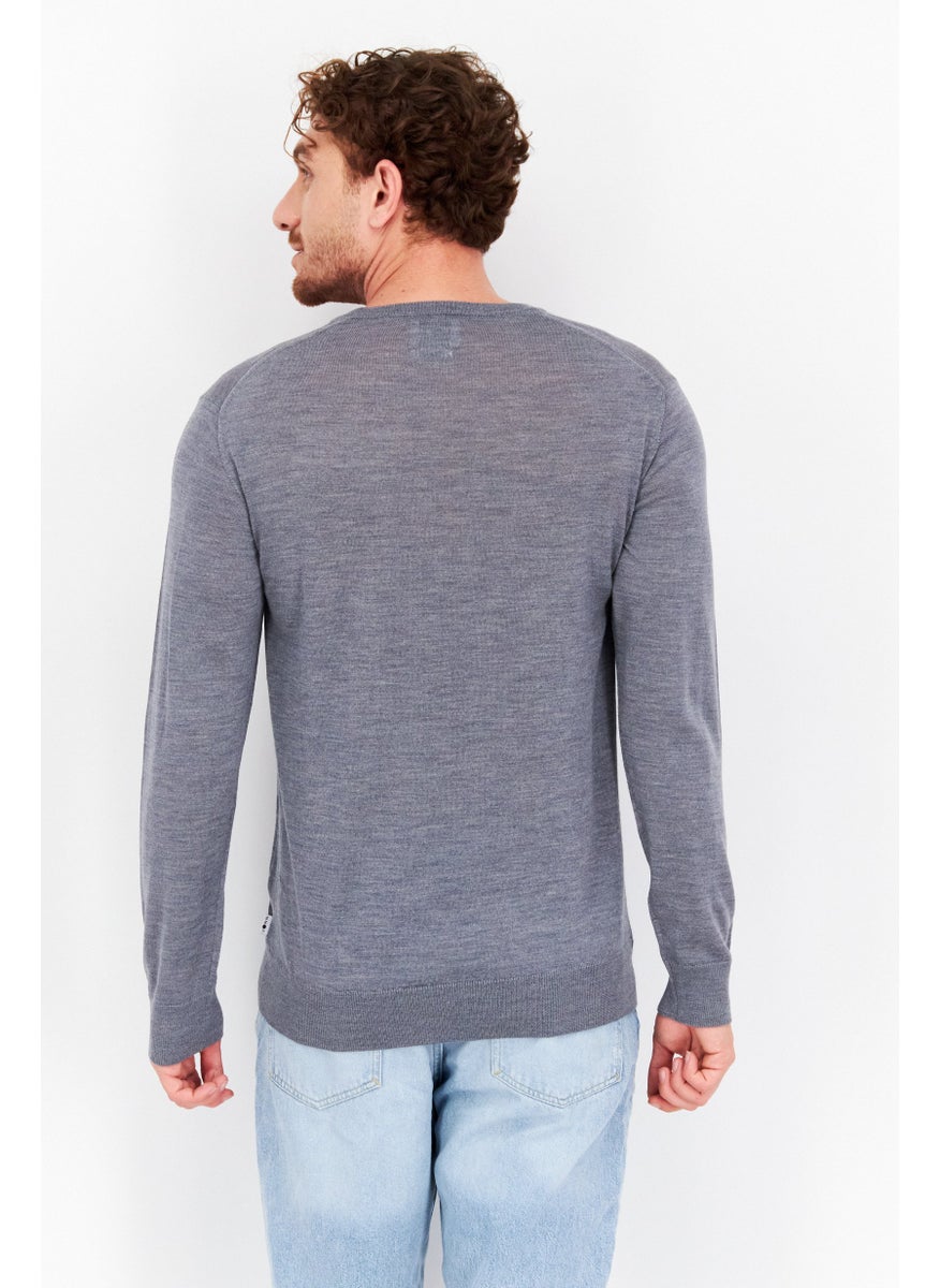 NNO7 - Men Round Neck Plain Long Sleeve  Sweaters, Grey - Image 1