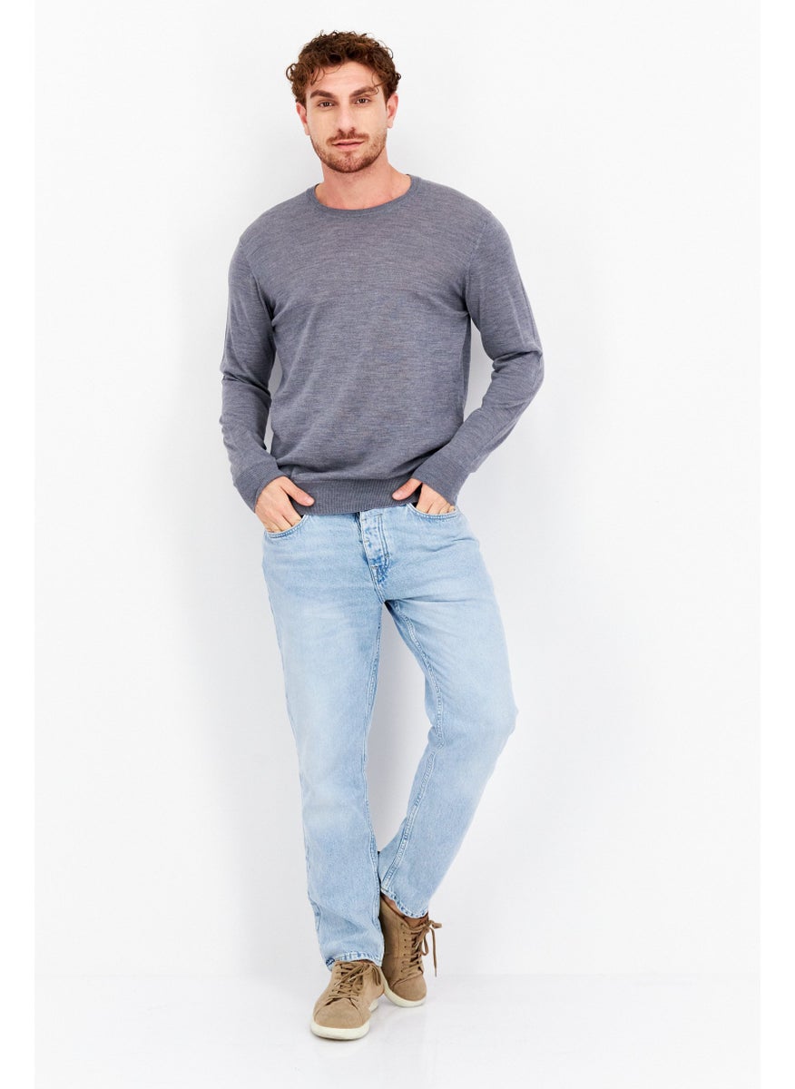 NNO7 - Men Round Neck Plain Long Sleeve  Sweaters, Grey - Image 1