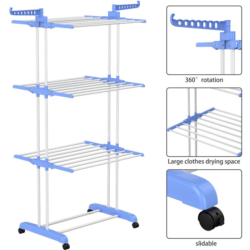 HOMIDEC Clothes Drying Rack, Large 4-Tier Foldable Drying Rack Clothing (67.7H x 19.7W x 30L Inches), Movable with 4 Castors. Multifunctional Stainless Steel Laundry Drying Rack, Blue - Image 5