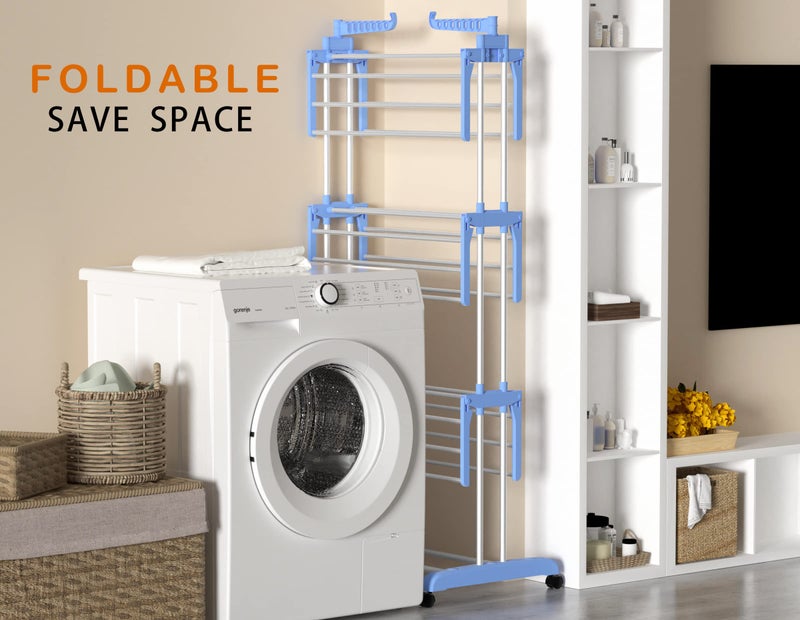 HOMIDEC Clothes Drying Rack, Large 4-Tier Foldable Drying Rack Clothing (67.7H x 19.7W x 30L Inches), Movable with 4 Castors. Multifunctional Stainless Steel Laundry Drying Rack, Blue - Image 4