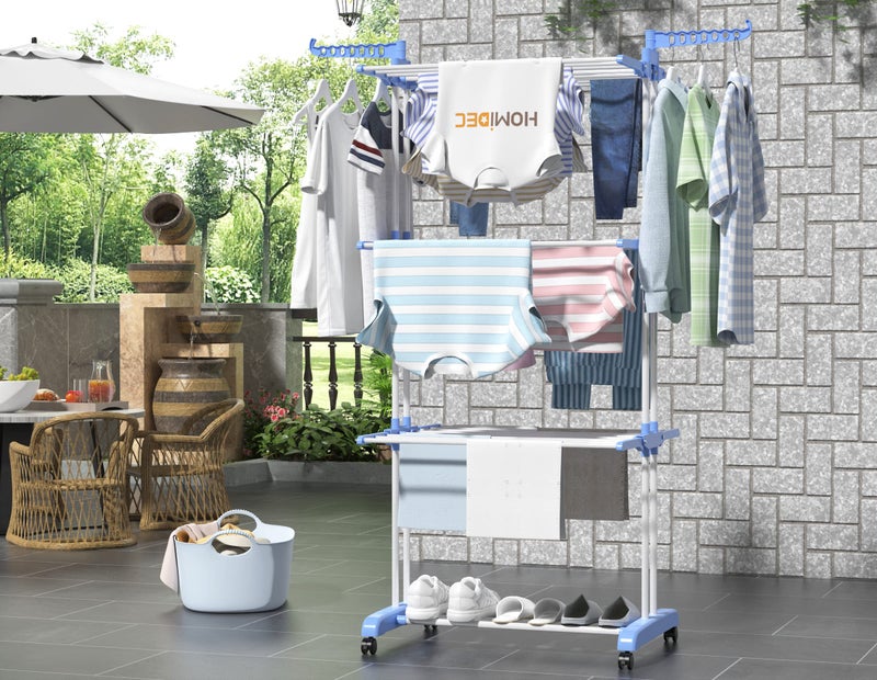 HOMIDEC Clothes Drying Rack, Large 4-Tier Foldable Drying Rack Clothing (67.7H x 19.7W x 30L Inches), Movable with 4 Castors. Multifunctional Stainless Steel Laundry Drying Rack, Blue - Image 2