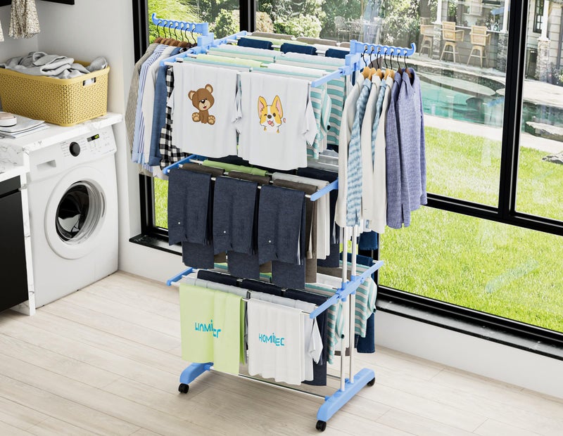 HOMIDEC Clothes Drying Rack, Large 4-Tier Foldable Drying Rack Clothing (67.7H x 19.7W x 30L Inches), Movable with 4 Castors. Multifunctional Stainless Steel Laundry Drying Rack, Blue - Image 3