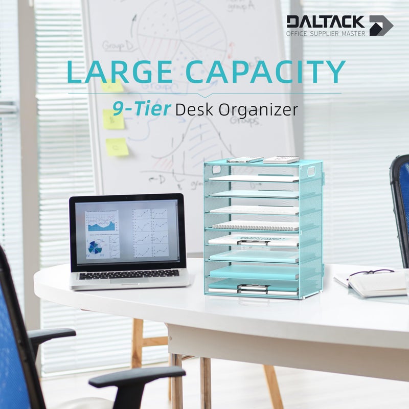 DALTACK 9-Tier Paper Letter Tray Desk Organizer with Handles, Mesh File Holder Organization, Paper Sorter Desk Organizer for Office Home School, Blue - Image 2