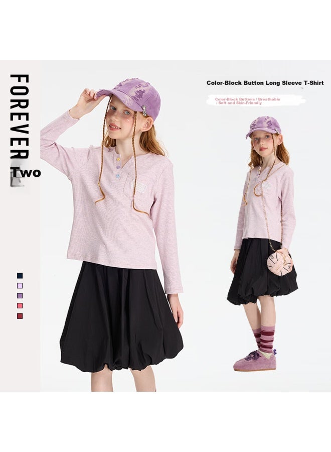 Forever21 Girls' Long Sleeve Colorblock T-shirt Spring  New Big Kids Girls' Base Shirt Children's Spring Clothing