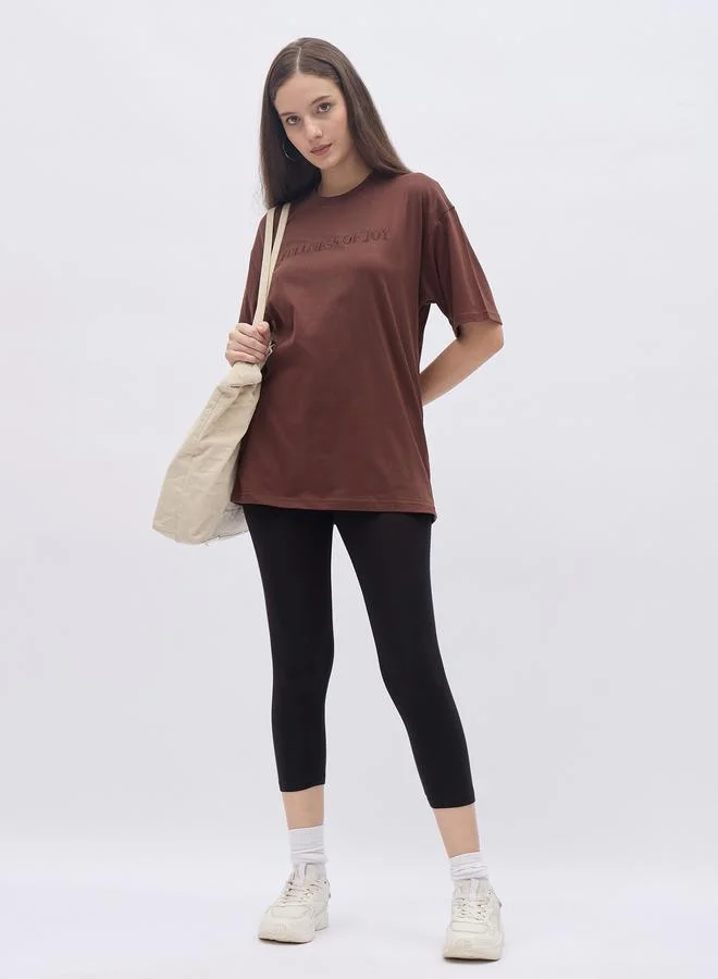 Styli Styli Brown Embroidered Slogan Oversized T-Shirt