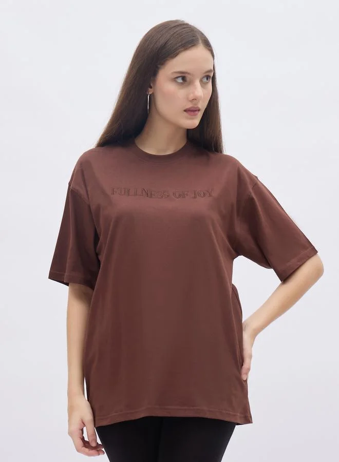 Styli Styli Brown Embroidered Slogan Oversized T-Shirt