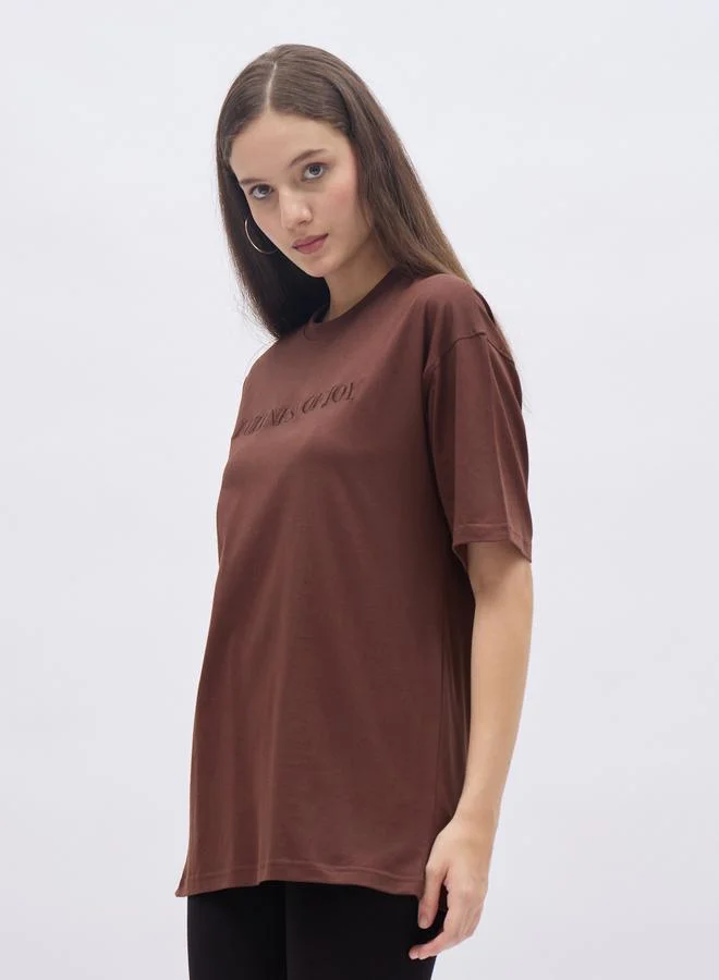 Styli Styli Brown Embroidered Slogan Oversized T-Shirt