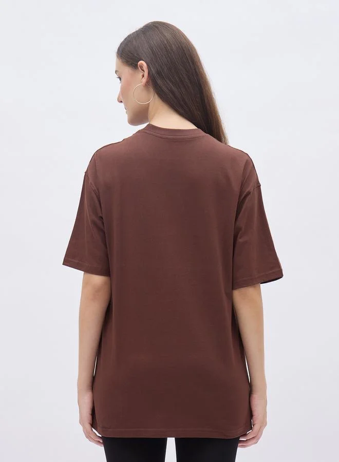 Styli Styli Brown Embroidered Slogan Oversized T-Shirt