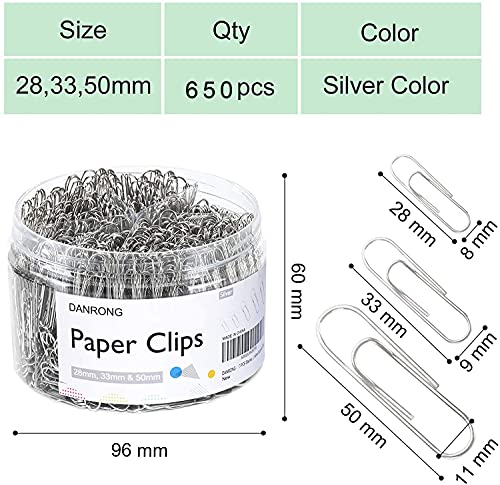 DANRONG 650 PCS Paper Clips Assorted Sizes, Small Medium and Large (1.1", 1.3" & 2"), Paperclips for Office, School, Home Supplies-Silver - Image 2