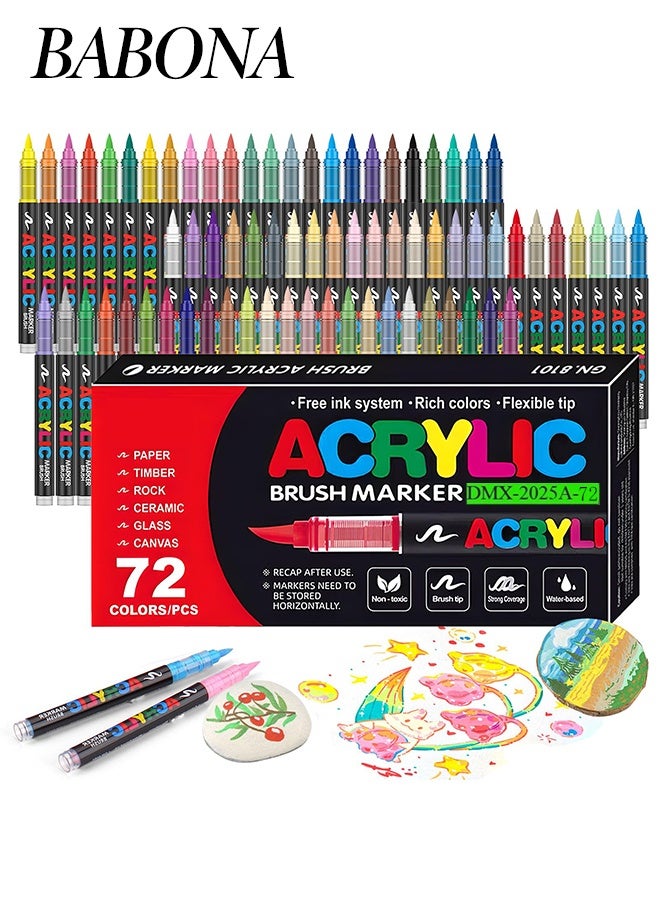 BABONA 72 Colors Soft Brush Tip Acrylic Markers Set, Paint Pens for Rock, Wood, Fabric, Canvas, Glass, DIY Crafts, Waterproof Paint Markers, Vibrant Acrylic Pens for Artists and Art Projects - Image 1