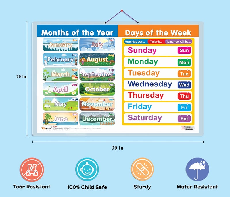 GoWoo Set Of 2 Multiplication Table 1-20 And Months Of The Year And Days Of The Week Early Learning Educational Charts For Kids | 20"X30" Inch |Non-Tearable And Waterproof | Double Sided Laminated - Image 3