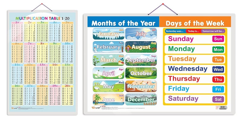 GoWoo Set Of 2 Multiplication Table 1-20 And Months Of The Year And Days Of The Week Early Learning Educational Charts For Kids | 20"X30" Inch |Non-Tearable And Waterproof | Double Sided Laminated - Image 1