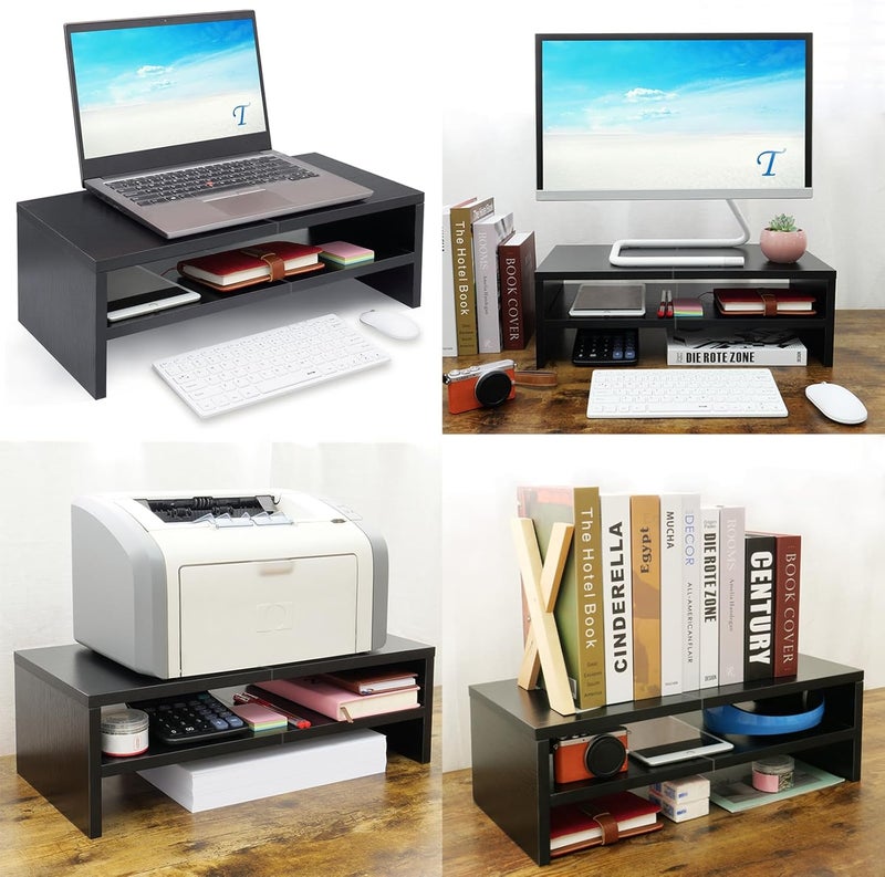 TEAMIX 2 Tiers Wooden Desktop Monitor Stand Riser 20 Inch Printer Stand with Double Storage Small TV Riser Laptop Keyboard Holder Business Desk Organizer Shelf Black Bookshelf - Image 3