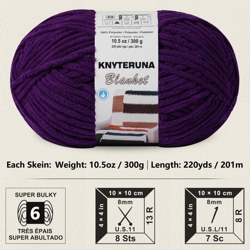 Knyteruna #6 Super Bulky Blanket Yarn for Crocheting - 4 Skeins(Each 10.5oz/300g, 220yds/201m), Chunky Chenille Thick Plush Big Soft Yarn for Crocheting Knitting Blankets, Dark Purple - Image 2