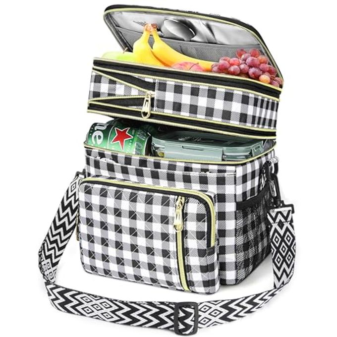 LOKASS Lunch Box for Women-16L-Insulated Lunch Bag Women, Expandable Double-layer Leakproof Cooler Bag with Upgrade Adjustable Shoulder Strap Ideal for Work/Travel/PicnicsBlack&White Check
