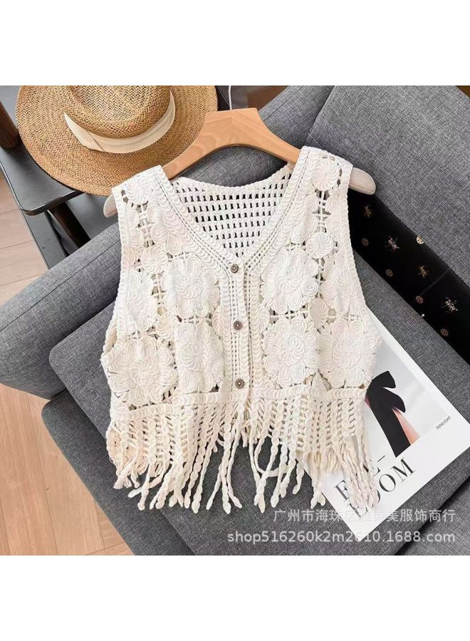 French V-neck Sleeveless Hollow Crocheted Vest Vest Women's Spring New Korean-style Slim Look All-match Trendy Outer Wear Top