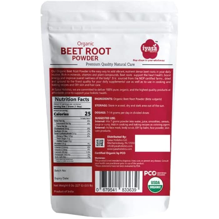 Iyasa Holistics Iyasa Organic Beet Root Powder, Plant Based, Vegan, Gluten-Free, Beetroot Superfood for Baking and Cooking 8 oz 223 gm - Image 2