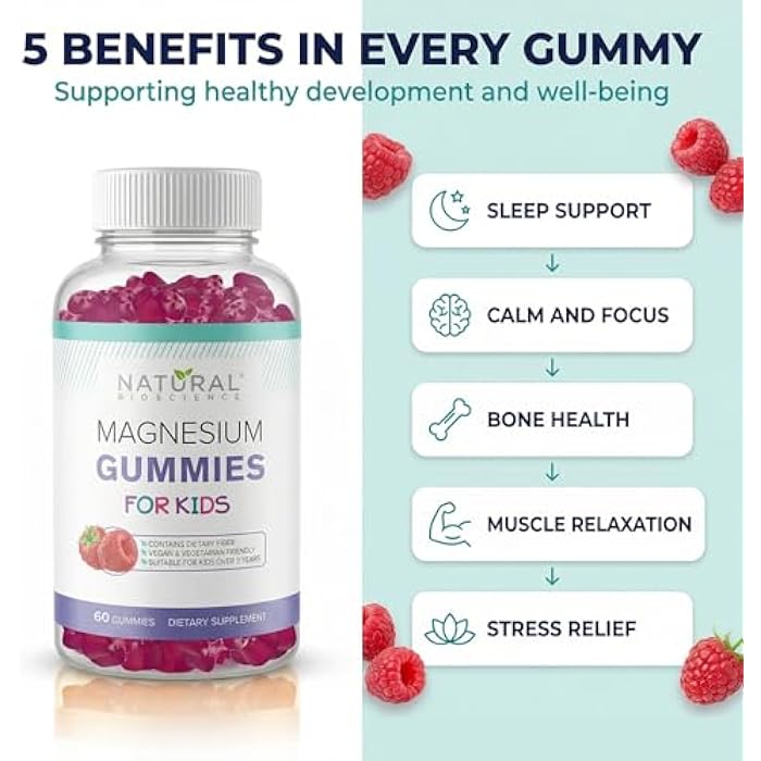 Natural BioScience Sugar Free Magnesium Gummies for Kids - Chewable Kids Magnesium Supplement, Calm & Sleep Support, Anti-Stress, Bone Health, Muscle Relaxation, Non-GMO Gluten-Free, Natural Great Taste 90 Vegan Gummies - Image 2