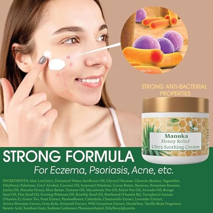 Green Leaf Naturals - Manuka Honey Face Cream - 4oz -Aloe Vera - Jojoba Oil Infused - Body Cream - Gluten Free Moisturizer for Kids & Adults - Nourishing Skin Care - Image 3