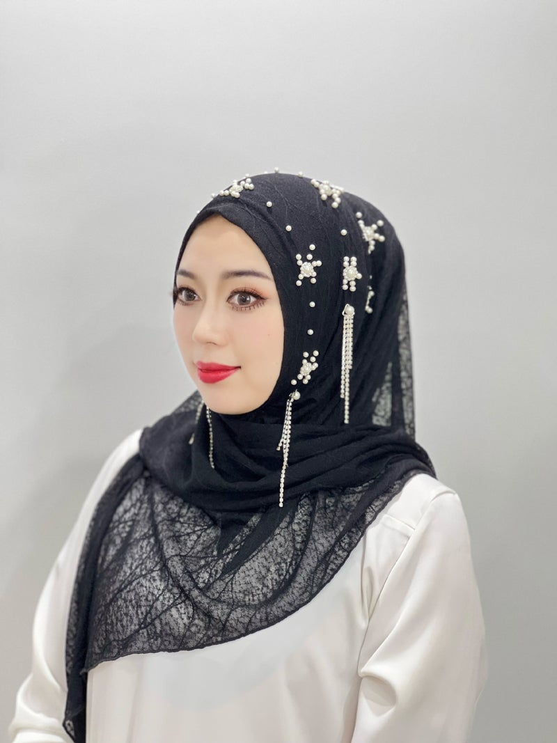 Ladies Fringed Solid Color Beaded Hijab 9# - Image 1