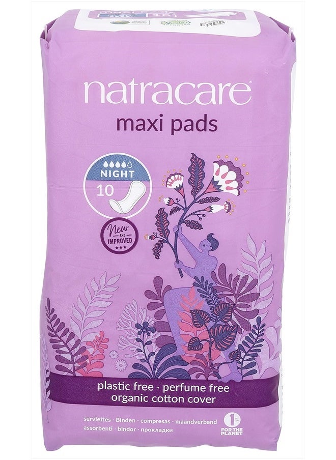 Natracare Natural Traditional Style Night Time Maxi Pads, Individually Wrapped, Without Wings in Plant-Based Bag (1 Pack, 10 Pads Total)