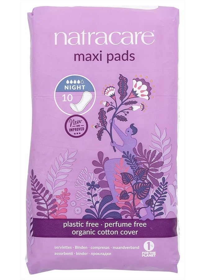 Natracare Natural Traditional Style Night Time Maxi Pads, Individually Wrapped, Without Wings in Plant-Based Bag (1 Pack, 10 Pads Total)