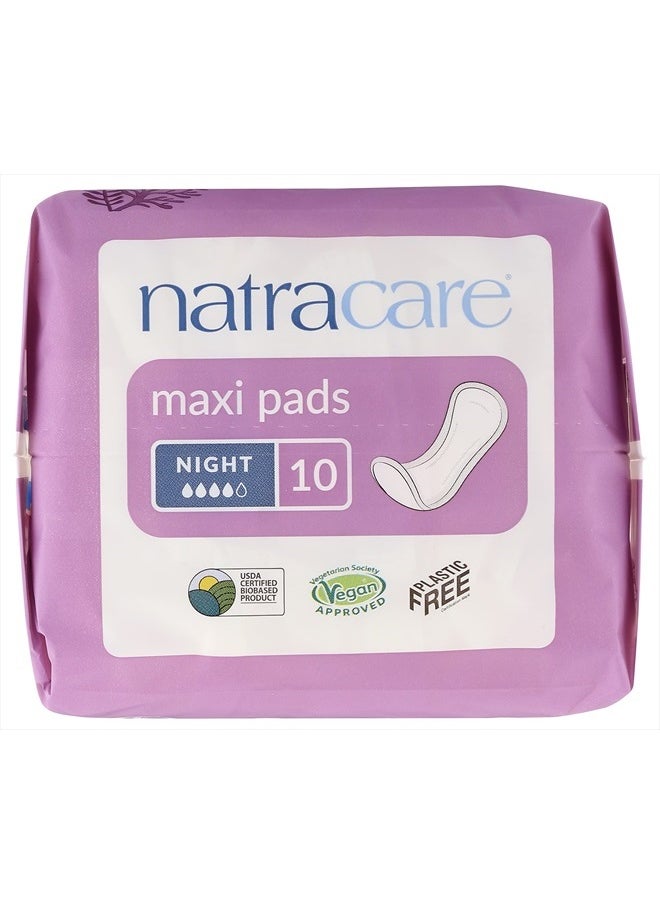 Natracare Natural Traditional Style Night Time Maxi Pads, Individually Wrapped, Without Wings in Plant-Based Bag (1 Pack, 10 Pads Total)