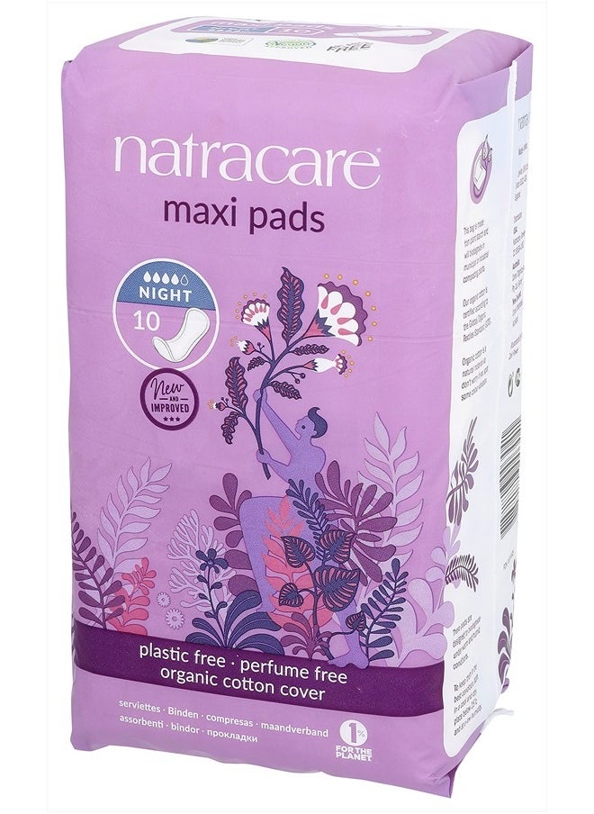 Natracare Natural Traditional Style Night Time Maxi Pads, Individually Wrapped, Without Wings in Plant-Based Bag (1 Pack, 10 Pads Total)