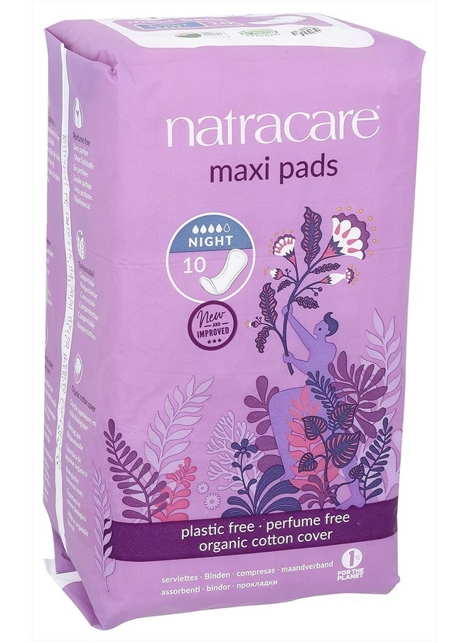 Natracare Natural Traditional Style Night Time Maxi Pads, Individually Wrapped, Without Wings in Plant-Based Bag (1 Pack, 10 Pads Total)