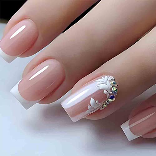 Foccna Pink Press on Nails Medium, Bling White Fake Nails Square Acrylic False Nails,French Artificial Nails for Women and Girls,24 pcs - Image 1
