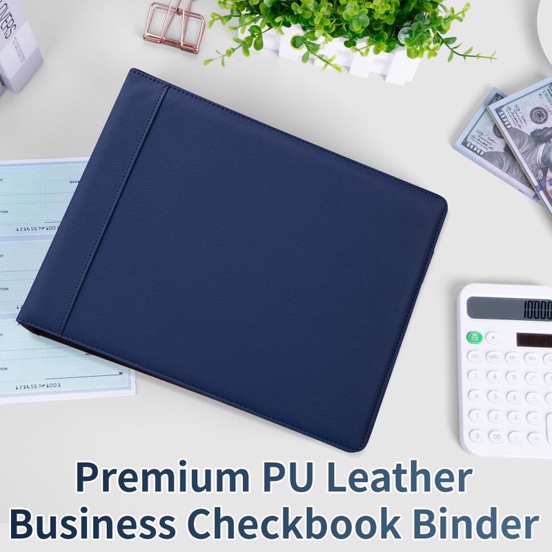 Antner 3 Ring Personal Check Binder for 3-on-a-Page End-Stub Deskbook & Personal 3 Holes or 9 Holes Small Size Checks, PU Leather Check Holder Checkbook Binder Cover with Zipper Pouch, Navy Blue - Image 3