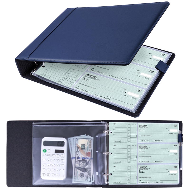 Antner 3 Ring Personal Check Binder for 3-on-a-Page End-Stub Deskbook & Personal 3 Holes or 9 Holes Small Size Checks, PU Leather Check Holder Checkbook Binder Cover with Zipper Pouch, Navy Blue - Image 1