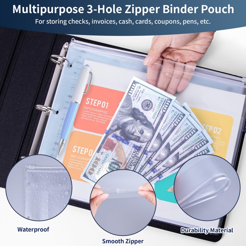 Antner 3 Ring Personal Check Binder for 3-on-a-Page End-Stub Deskbook & Personal 3 Holes or 9 Holes Small Size Checks, PU Leather Check Holder Checkbook Binder Cover with Zipper Pouch, Navy Blue - Image 5