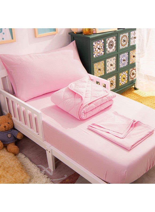 NTBAY NTBAY Toddler Bedding Set - 4 Piece Soft and Breathable Crib Bedding Set for Boys and Girls, Includes Quilted Comforter, Fitted Sheet, Flat Top Sheet and Envelope Pillowcase, Pink - Image 1