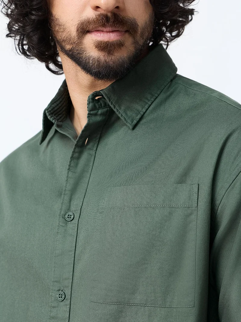 The Souled Store The Souled Store: Castleton Men and Boys Long Sleeve Spread Collar Green Solid Cotton Relaxed Shirt