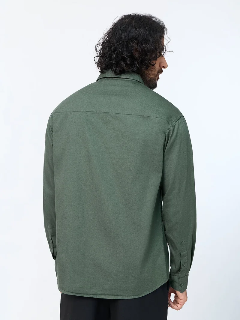 The Souled Store  The Souled Store: Castleton Men and Boys Long Sleeve Spread Collar Green Solid Cotton Relaxed Shirt  | Best Price UAE