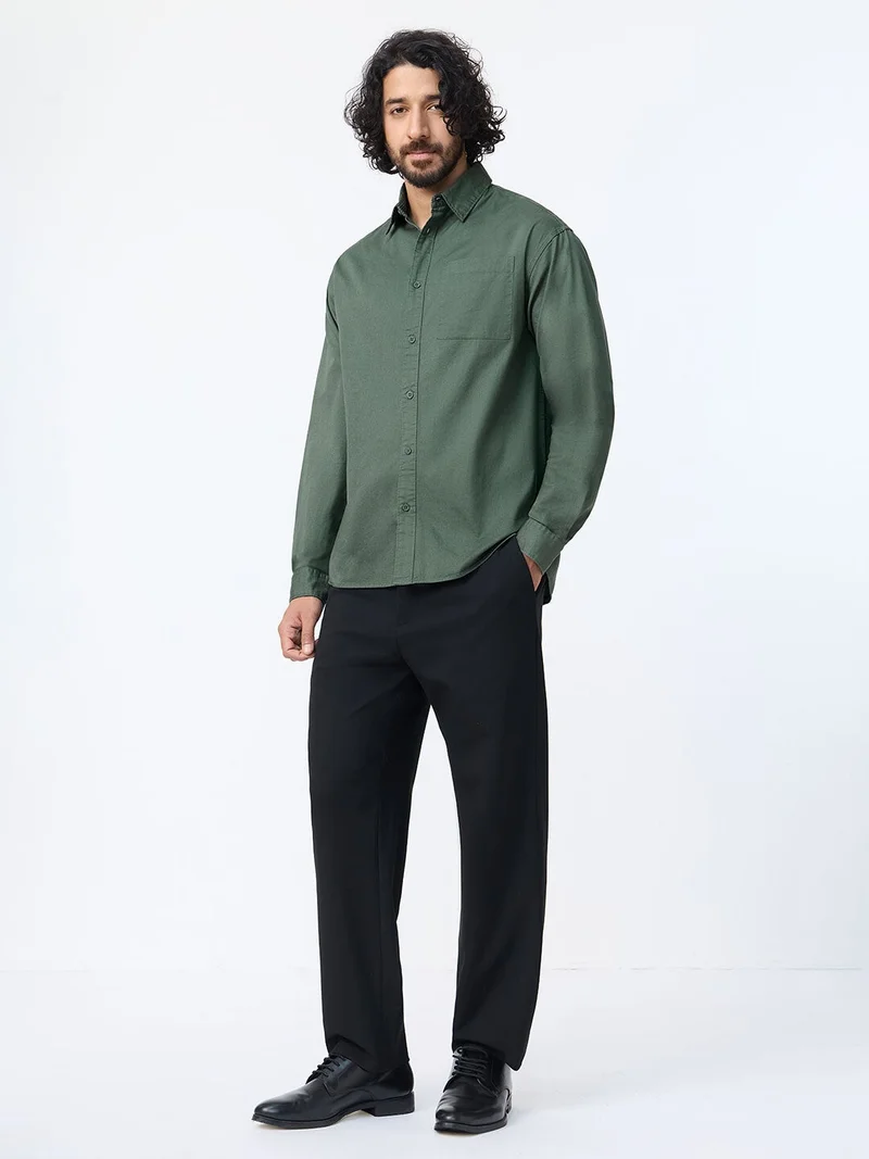 The Souled Store  The Souled Store: Castleton Men and Boys Long Sleeve Spread Collar Green Solid Cotton Relaxed Shirt  | Best Price UAE