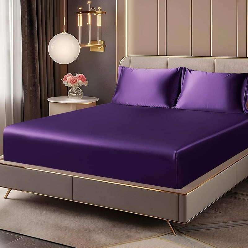 BEDELITE Satin Fitted Sheet and Pillowcases Set, Luxury Soft Similar to Silk Bottom Bedsheet with Elastic Corner Straps, Deep Pocket up to 15 Inch, 1 Fitted Sheet and 2 Pillowcases(Full, Plum Purple) - Image 1