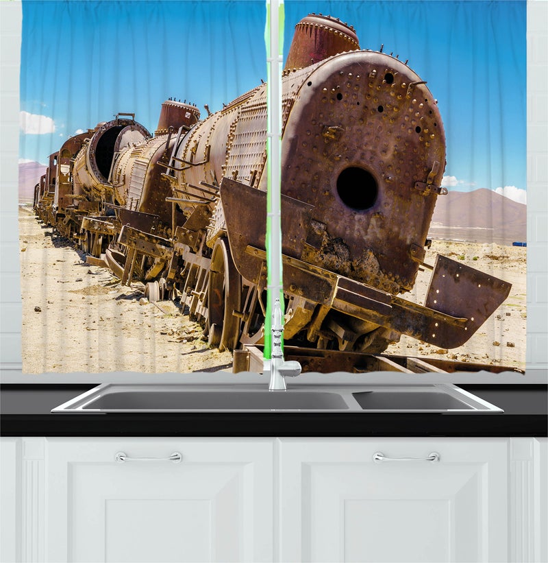 Ambesonne Vintage Kitchen Curtains  Rusty Old Abandoned Steam Train Locomotive Cemetery Railroad Wreck Picture Print  Window Drapes 2 Panel Set for Kitchen Cafe Decor  55"" x 39""  Blue Brown