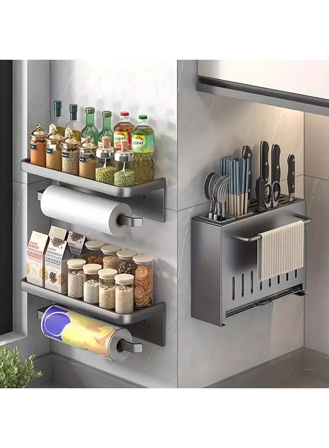 Black Wall Mounted Kitchen Organizer Rack With Multiple Compartments For Spices Utensils And Paper Towels Durable Iron Storage Solution For Modern Kitchens - Image 1