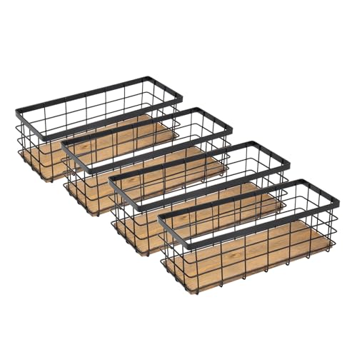 TIEYIPIN Farmhouse Small Metal Wire Storage Basket Bin, Rustic Home Storage Organizer with Wooden Bottom for Kitchen, Cabinets, Bathroom Counter, Pantry, Garage, Laundry Room - Black (4 Pack) - Image 1