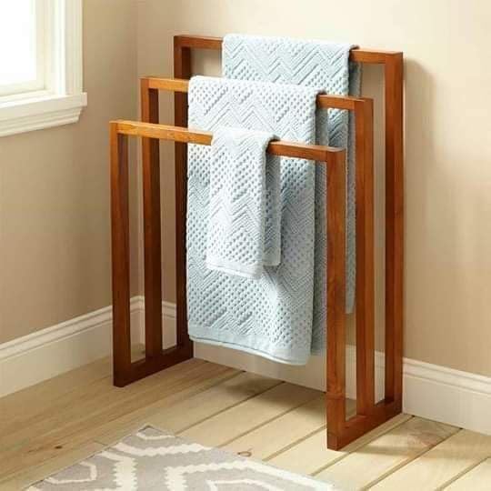 Umark Wooden Towel Stand Rack with 3 Rails, Freestanding Bathroom Storage, Brown - Image 4