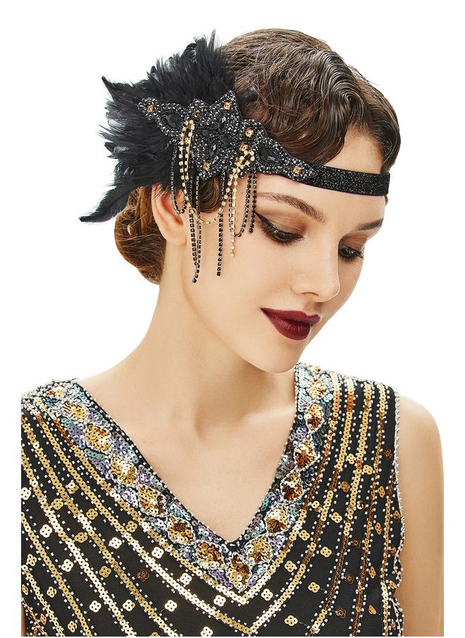 BABEYOND 1920S Flapper Headpiece 20S Gatsby Black Feather Headband Roaring 20S Hair Accessories With Crystal Beads (Black Gold)  - Image 1
