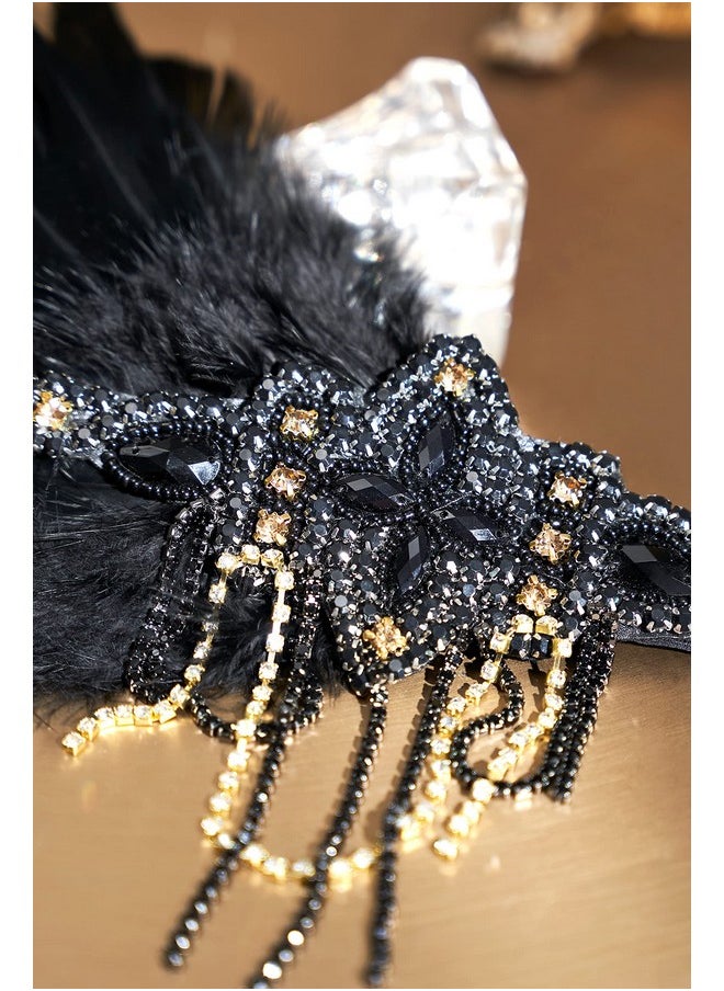 BABEYOND 1920S Flapper Headpiece 20S Gatsby Black Feather Headband Roaring 20S Hair Accessories With Crystal Beads (Black Gold)  - Image 3