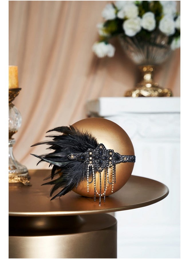 BABEYOND 1920S Flapper Headpiece 20S Gatsby Black Feather Headband Roaring 20S Hair Accessories With Crystal Beads (Black Gold)  - Image 2